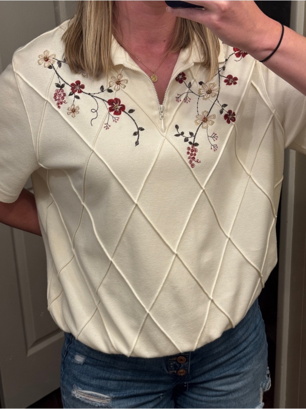Alfred Dunner Ivory Short-Sleeve Knit Top with Floral Embroidery - Picture 7 of 7
